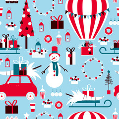  Christmas set with hot air balloon, gifts  and snowman.Vector seamless pattern .