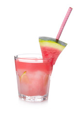 Glass of fresh watermelon lemonade on white background