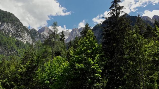 Triglav National Park in Julian Alps, Slovenia. Elevating shot from a drone. 4K, UHD