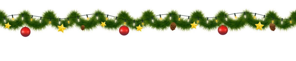 Fototapeta na wymiar Festive Christmas garland. New Year decorative torse, Horizontally seamless festoon.
