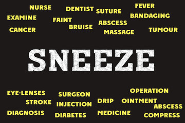 sneeze Words and tags cloud. Medical concept