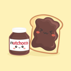 Cute Chocolate Hazelnut Spread Bottle Jar and Loaf Bread Sandwich Breakfast Vector Illustration Cartoon Smile