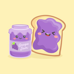 Cute Grape Jelly Jam Bottle Jar and Loaf Bread Sandwich Vector Illustration Cartoon Smile