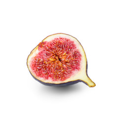 Half of ripe purple fig on white background