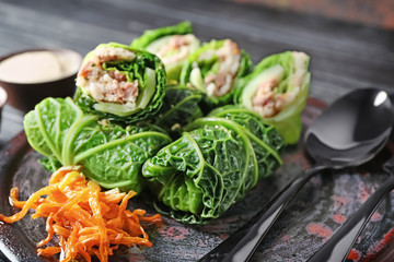 Stuffed cabbage leaves on plate, closeup