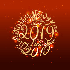 Naklejka na ściany i meble 2019 New Year. Handwritten words. Vector illustration. Red glow background