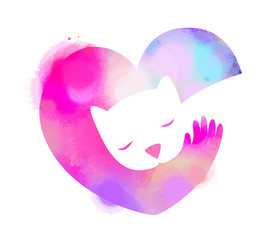 Pet care logo with puppy and hand symbols silhouette plus abstract watercolor.  Digital art painting