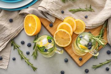Glasses with delicious summer cocktail on table