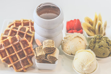 waffle set chocolate fondue banana marshmallow strawberry ice cream