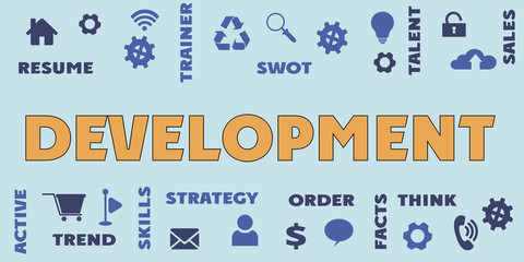 DEVELOPMENT Panoramic Banner with icons and tags, words. Hi tech concept. Modern style