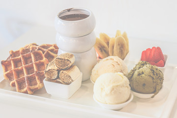 waffle set chocolate fondue banana marshmallow strawberry ice cream