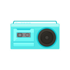 Blue retro radio with handle. Vintage cassette recorder with buttons on top. Old-school music player. Flat vector design