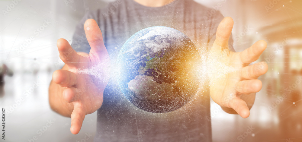 Poster man holding a 3d rendering particles earth globe