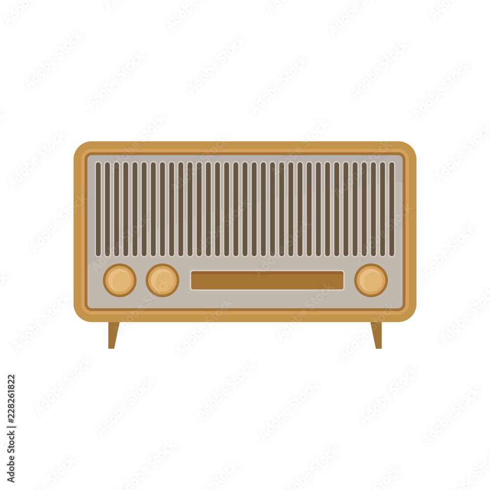 Poster retro radio with three settings knobs. vintage music player with small legs. old device. flat vector