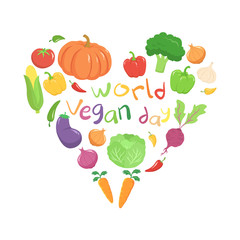 World Vegan Day Vegetables Vegetarian Set Greeting Card Vector Illustration. Garlic, Eggplant, Bell Pepper Paprika, Carrot, Corn, Beetroot, Cabbage, Tomato, Pumpkin, Onion, Chili Pepper, Broccoli.