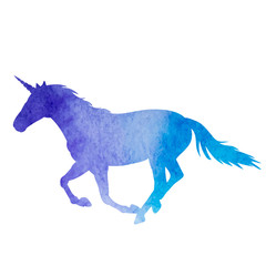 watercolor blue silhouette of a running unicorn