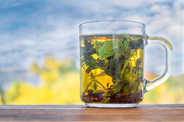 A cup of mint tea before autumn window with blue sky and yellow trees on the background. Closeup, selective focus