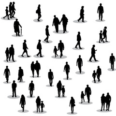 vector, on white background, a set of black silhouettes of people who go