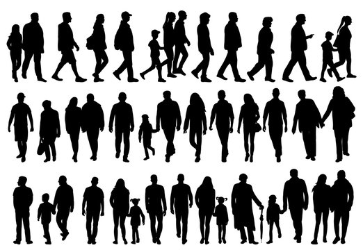 vector, on white background, black silhouette set of walking people