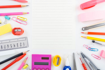 Flat lay top view of many stationery around the paper note such as pencil eraser notebook scissor  for education of student and college when back to school.