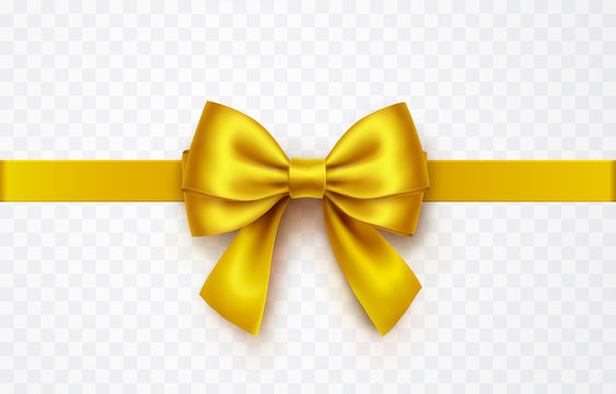 Bow isolated on transparent background. Vector Christmas gold satin ribbon, xmas golden wrap element template.