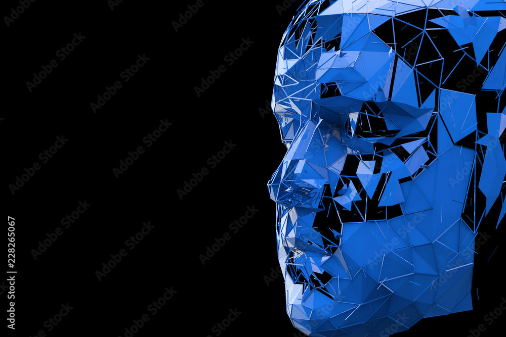 Poster artificial intelligence concept. human head made fom connected lines. 3d rendering
