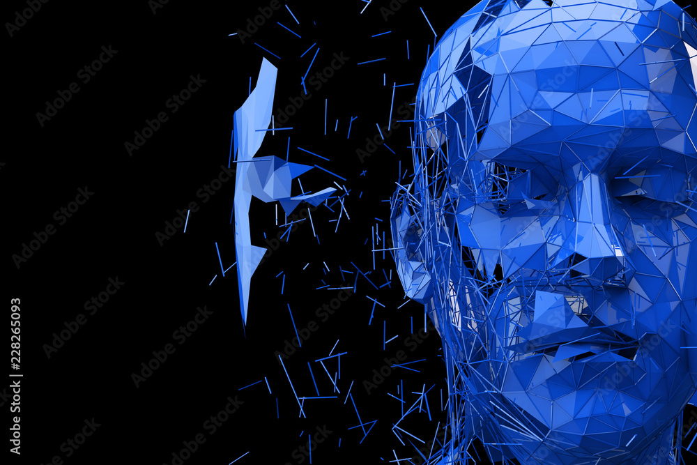 Poster artificial intelligence concept. human head made fom connected lines. 3d rendering