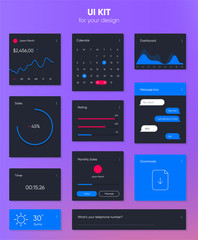 Flat user interface vector set for website development and mobile application design. Message box, dashboards, timer, calendar