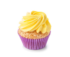Delicious cupcake on white background