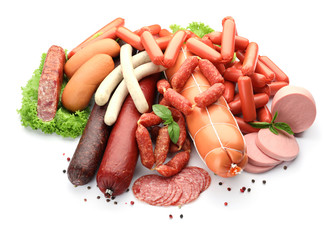 Different kinds of sausages on white background