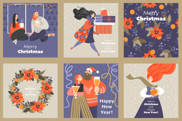 Obraz na płótnie Canvas Set of cute cards for Christmas and New Year with funny characters in cartoon style
