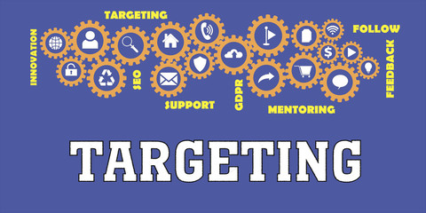 TARGETING Gears mechanism Hi tech web concept. Tags and icons cloud 
