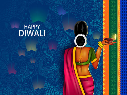 Illustration of lady holding decorated diya for Happy Diwali holiday background