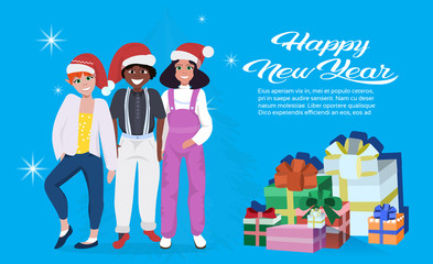 mix race people wearing red hat happy new year merry christmas concept flat gift box decoration blue background full length horizontal copy space vector illustration