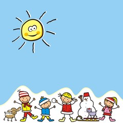 happy kids and snowman, winter postcard, eps