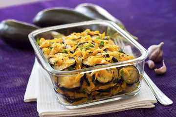 Appetizer of fried and marinated eggplant with onion and carrot