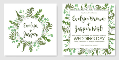 vector wedding invitation set, greeting card, save date. Frame of green leaves of fern, boxwood and eucalyptus sprigs isolated on white background. Watercolor