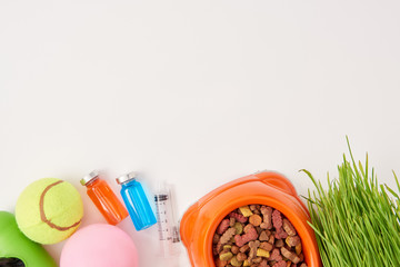top view of balls, grass, plastic bowl with dog food, syringe and colorful bottles with medications on white surface