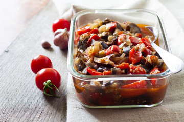 Vegetable sauté with eggplant, red bell peppers and tomatoes