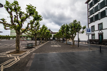 PONTA DELGADA, PORTUGAL - July, 2018: City Gates at the historical center of Ponta Delgada, the capital of Azores Islands.