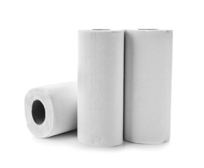 Rolls of paper towels on white background