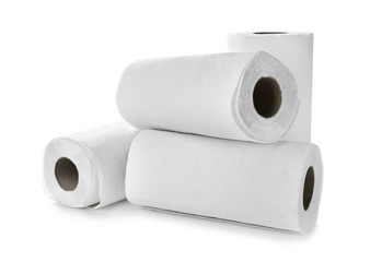 Rolls of paper towels on white background