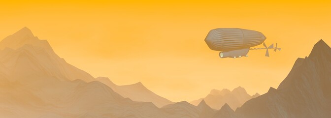 Fototapeta na wymiar Mountain landscape with fog. Mountain tops panoramic view. Fantasy dirigible flight. 3D rendering