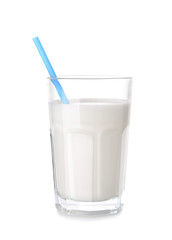 Glass of milk on white background