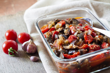 Vegetable sauté with eggplant, red bell peppers and tomatoes
