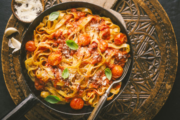 Tomato sauce spaghetti pasta on pan