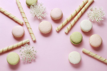 French macaroons and crispy wafer rolls on pink background.