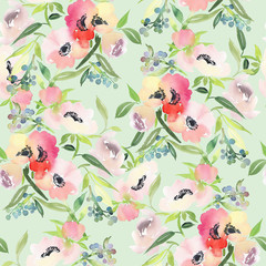 Seamless summer pattern with watercolor flowers handmade.