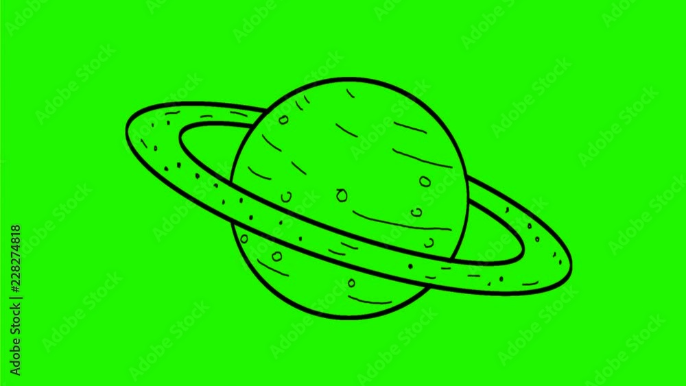 Poster 2d animation motion graphics showing a drawing of planet saturn with its ring on white and green scr