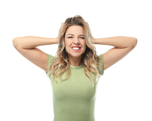 Fototapeta premium Funny portrait of beautiful young woman on white background